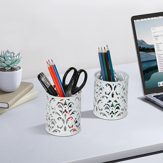 EasyPAG White Pen Holder for Desk 2 Pack Metal Pen Holder Organizer Pencil Cup Holder for Home, Office, Classroom, School