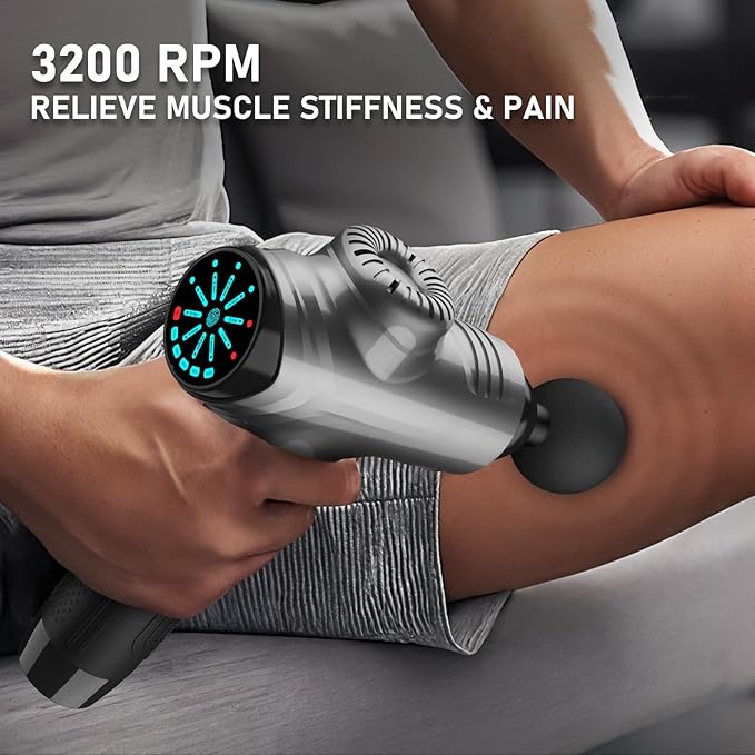 RAEMAO Massage Gun, Massage Gun Deep Tissue, Back Massage Gun for Athletes for Pain Relief Attaching 10 PCS Replacement Heads, Percussion Massager with 10 Speeds & LED Screen, Grey