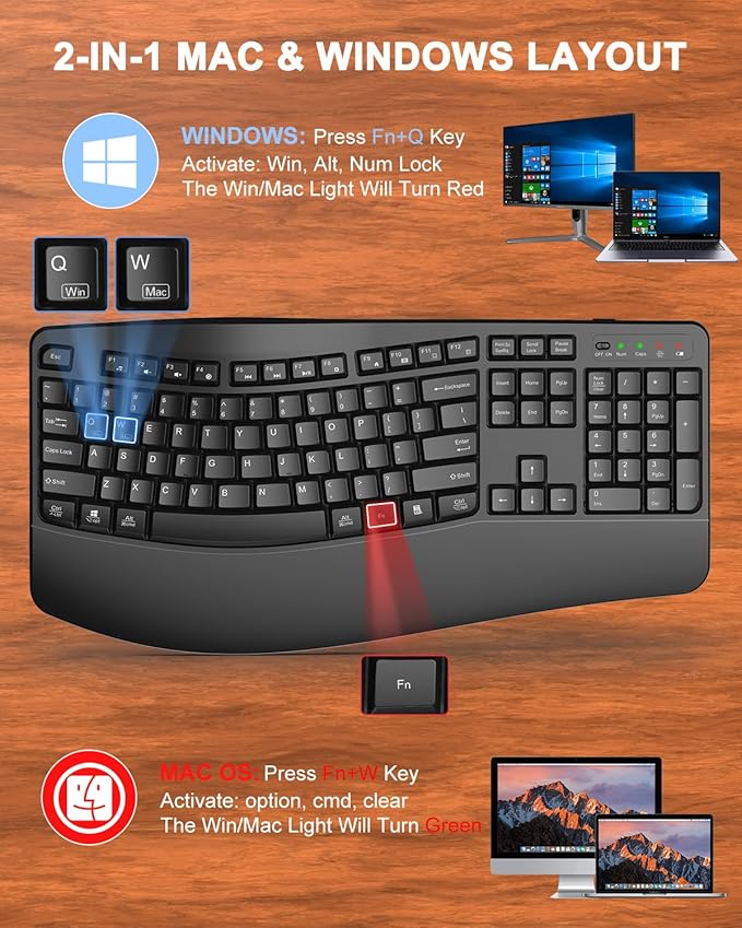 Ergonomic Wireless Keyboard with Wrist Rest, Wave Keys, Comfortable Natural Typing, 2.4GHz Full Size Ergo Wireless Computer Keyboard for Multi-OS, Windows, Mac OS Laptop/PC/Notebook (Black)