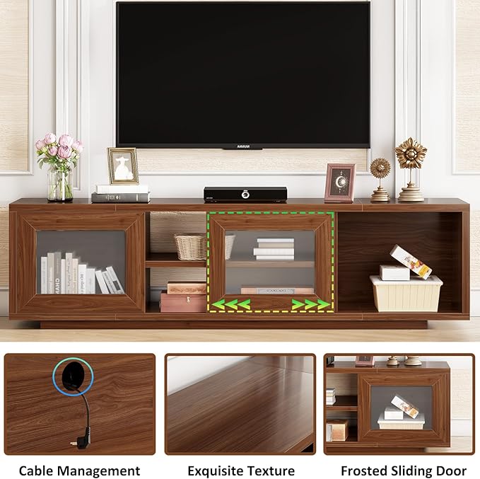 HSH Walnut TV Stand for 60 Inch TVs,Entertainment Center with Storage and Sliding Doors,Farmhouse Tv Stand Wood for Living Room,Low Media Console Cabinet for Bedroom,55 Inch