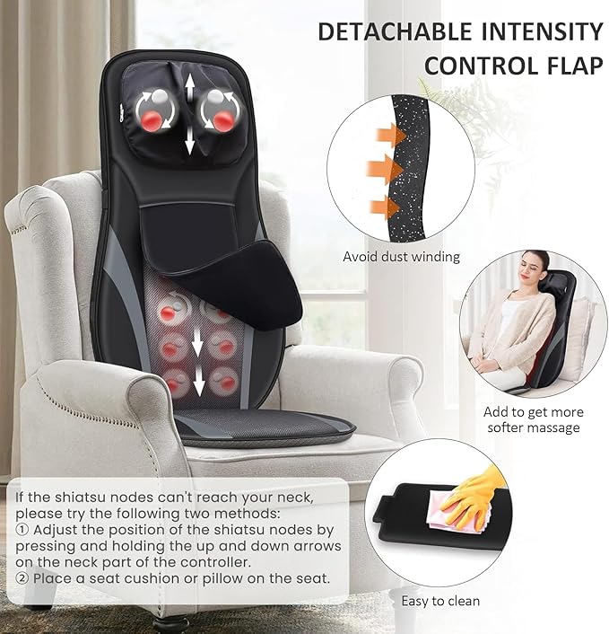 Snailax Shiatsu Back Massager with Heat -Deep Kneading Massage Chair Pad with Adjustable Intensity, Shiatsu Chair Massager to Relax Full Body Muscle