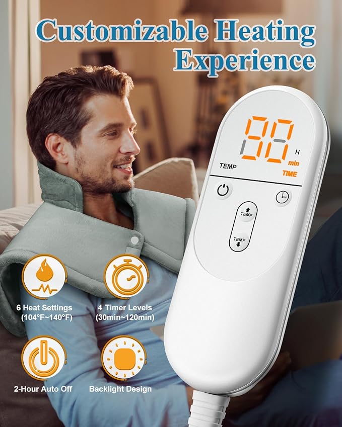 Heating Pad for Neck and Shoulder, Birthday Gifts for Men Women Dad Mom, Electric Weighted Heat Pad for Back Pain Relief, Christmas Gifts, Grey