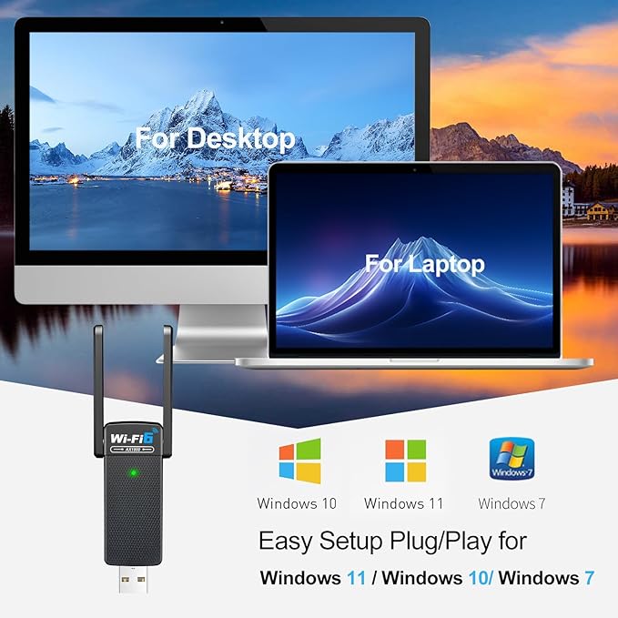 USB WiFi 6 Adapter with Bluetooth 5.2, Dual 3dBi Antennas for 5GHz/2.4GHz Wireless Network - High-Speed Dual Band Adapter for Desktop PC, Laptop, Windows 11/10/7, Gaming/Streaming Compatible