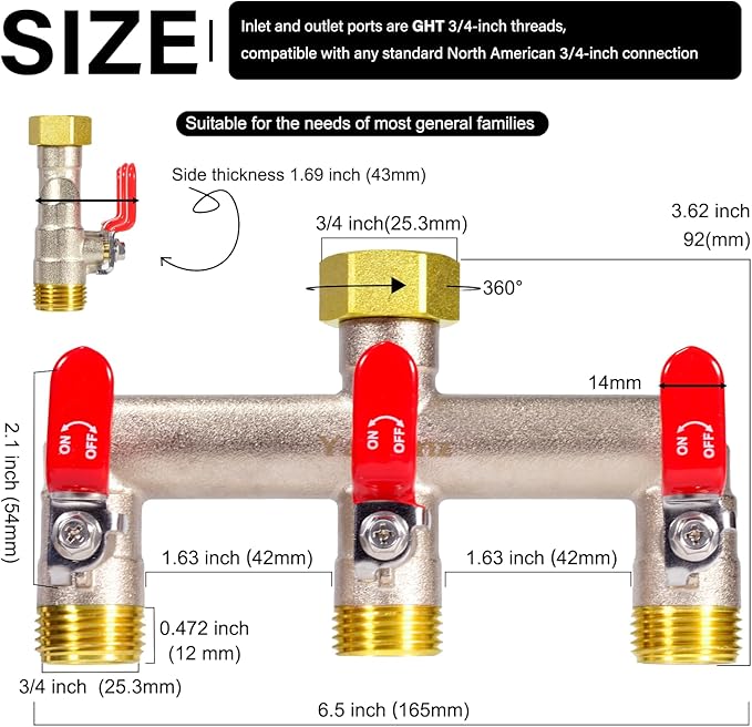 Heavy Duty Brass Garden Hose Splitter - 3-Way 3/4" GHT Thread, High Flow Faucet Splitter, Water Hose T Spigot Splitter with Shutoff Valves, Water Adapter & Connector-Long Metal Handle
