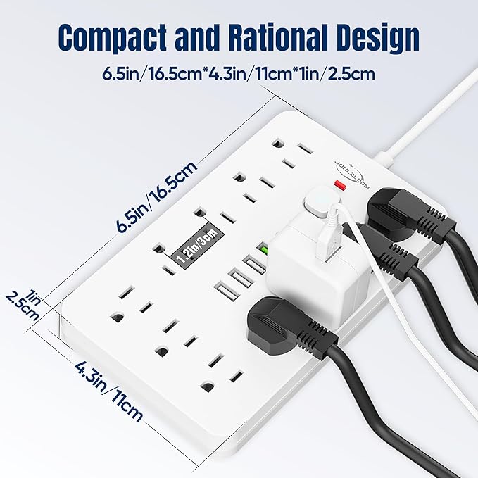 10 FT Flat Plug Surge Protector Power Strip,11 Multiple AC Outlets with 6 USB Ports (2 USB C), 6 Feet Extension Cord, 1250W/10A, One Touch Switch Button, White