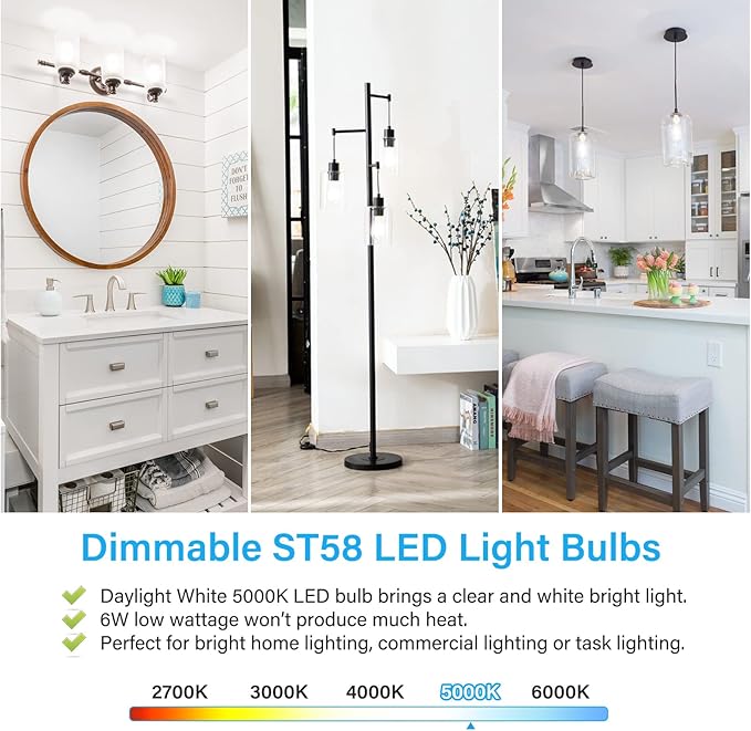 MAXvolador Vintage LED Edison Bulb Dimmable 60W Equivalent 850 Lumens, 6W Edison Light Bulbs 5000K, Antique ST58 LED Filament Bulb E26 Base, Pack of 4