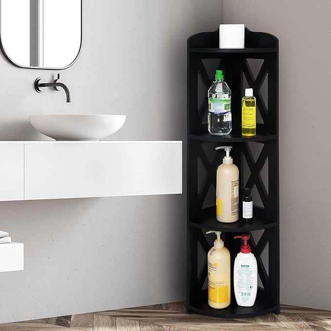 NHZ Corner Shelf Stand, Wood Corner Bookshelf, Corner Bookcase and Plant Stand (Black, 4 Tier)