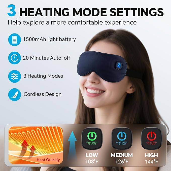 Heated Eye Mask for Dry Eyes Relief, Cordless Eye Mask with 3 Heat Settings, Washable Eye Cover, Warm Heating Pad for Stye Eye Treatment & Travel Use