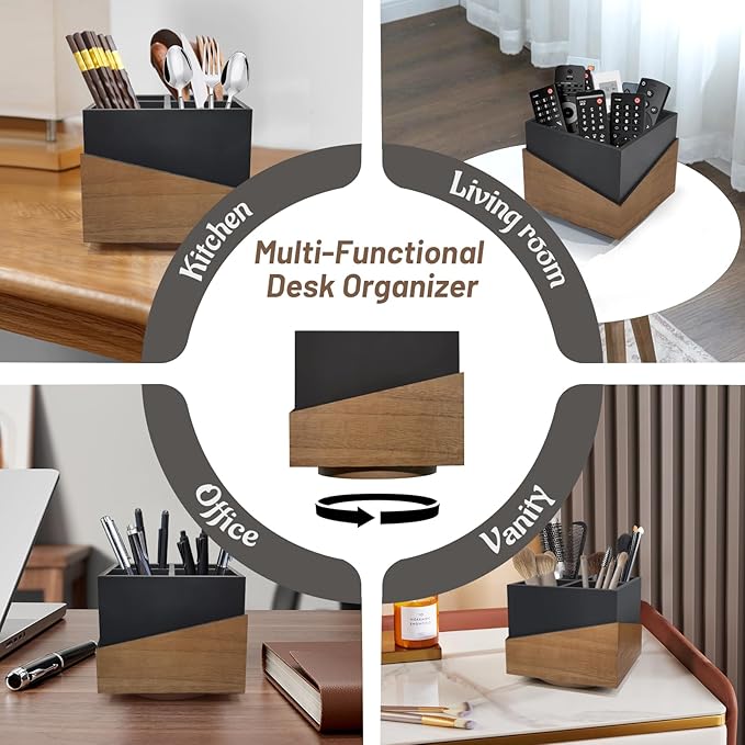 Rotating Pen Holder for Desk, Black Pencil Holder Pen Cup with Wood Grain Veneer, Wooden Desktop Pen Organizer Desk Caddy Organizer for Makeup Brush, Flatware, Remote Control