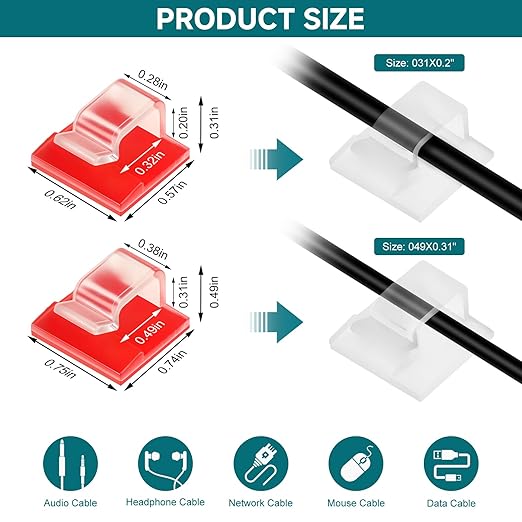 63pcs Clear Cable Management,Adhesive Cable Clips,Cord Organizer Inner Diameter 032" X0.2",Cord Clips for Wires on Wall,Under Desk,Nightstand,PC,TV,Outdoor Christmas Lights Strip