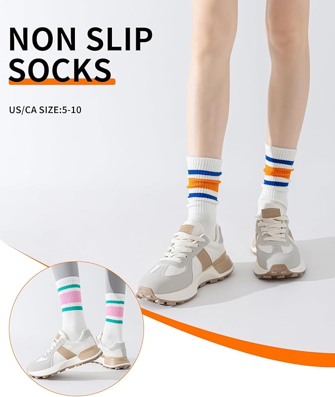 Yawlsow 3 Pairs Pilates Grip Socks for Women Yoga Grippy Striped Retro Crew Socks Non Slip Sticky Barre Sock with Grippers