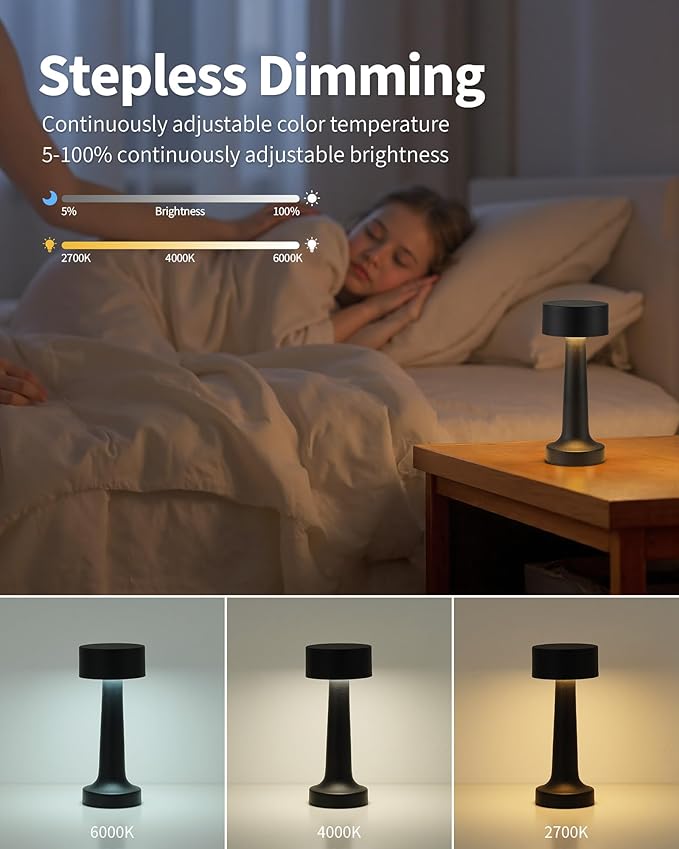 PUSU Cordless LED Black Small Table Lamps Set of 2, Portable Rechargeable 4000mAh Battery Operated Desk Lamp, 3 Color Stepless Dimming for Kids, Restaurant, Bedside, Outdoor, Bar, Night Light, Gift