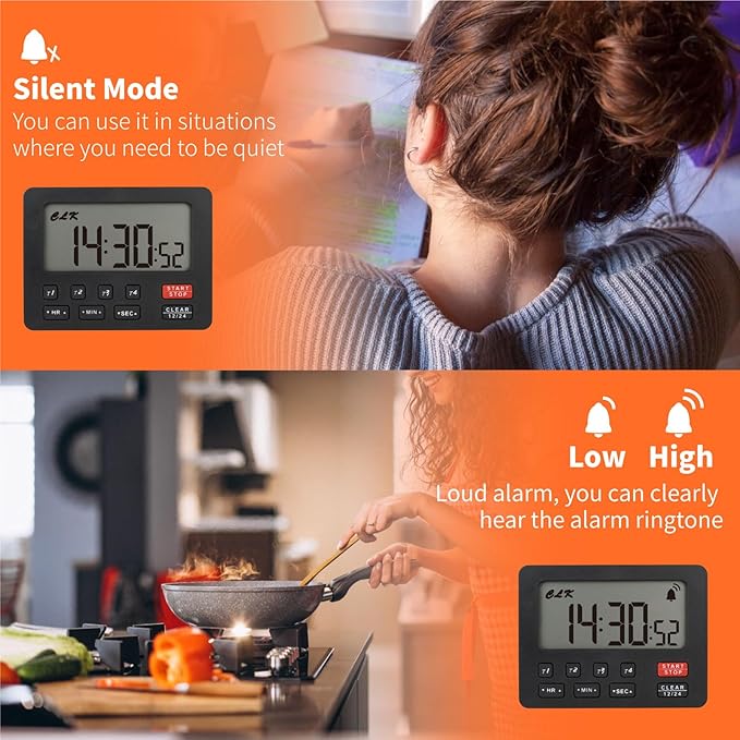 YOOREAL Digital Kitchen Timers, with 4 Sets of Countdown Stop Watches Timer/Magnetic Timer Clock with Adjustable Loud Alarm Classroom Cooking Fitness Baking Studying Teaching (Black)