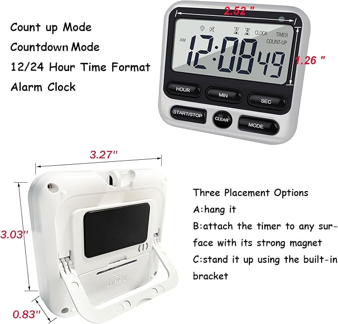 2-Pack Digital Dual Kitchen Timers with Magnet, 24-Hour Countdown & Stopwatch, Loud Alarm, 12/24H Clock, Calendar, Mute Mode, Visual Indicator, Batteries Included (Black)