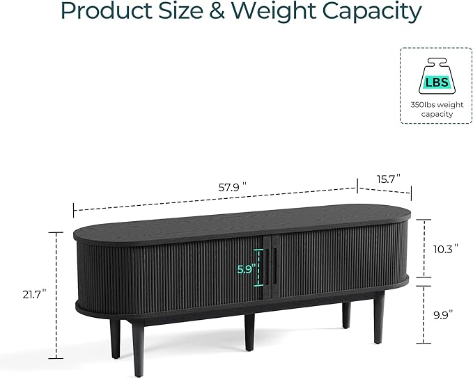 LINSY HOME 58" Fluted TV Stand for TVs up to 65 Inch, Mid Century Modern Entertainment Center with Storage Cabinet and Sliding Doors, Farmhouse Wood Media TV Console for Living Room, Bedroom, Black