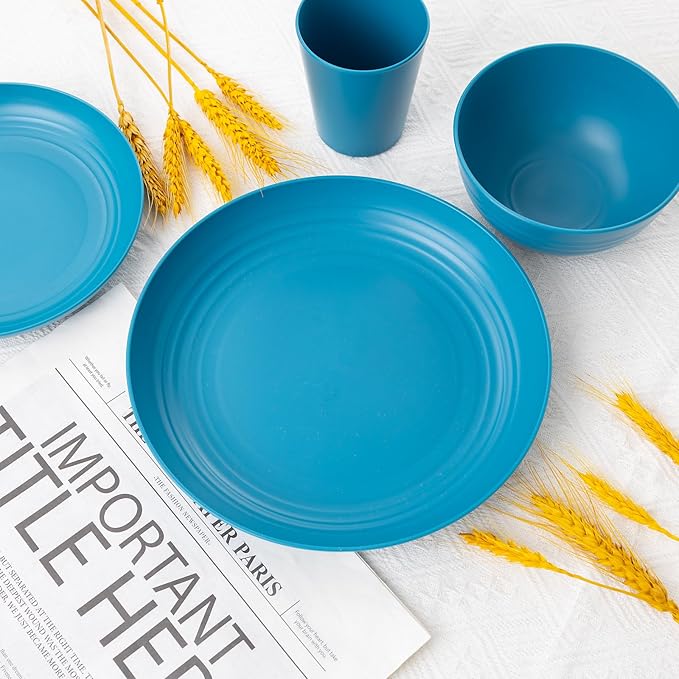 LIYH 48 Pcs Blue Wheat Straw Dinnerware, Plates and Bowls Set, Camping Dish Set for 12, Plastic Dinnerware Set, Dishwasher Safe Dinnerware Set, Unbreakable Plastic, Camper Dish Sets