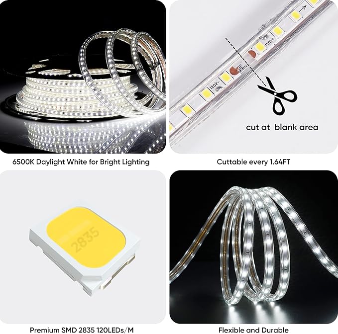 Shine Decor LED Strip Light 50FT 120VAC, Super Bright 6337 Lumens Dimmable, IP65 Waterproof for Outdoor Indoor, 6500K Cool White Every 1.6ft Cuttable Proselect Lighting Strip, 6x10mm ETL Listed