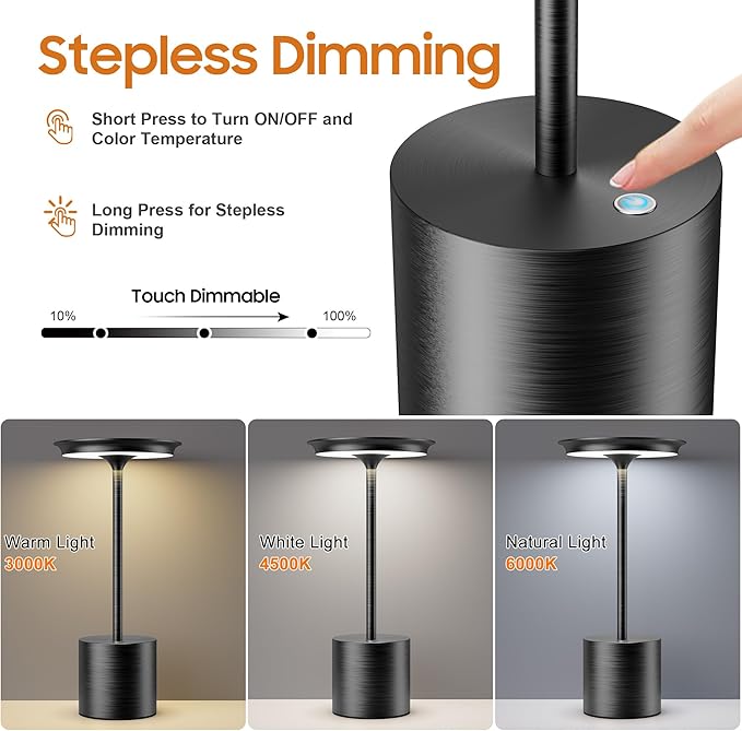 Cordless Table Lamp, Portable Rechargeable 6000mAh Outdoor Table Lamp, 3 Color Stepless Dimming Battery Powered Lamp, LED Table Light for Dinner/Restaurant/Outdoor (2Pack Black)