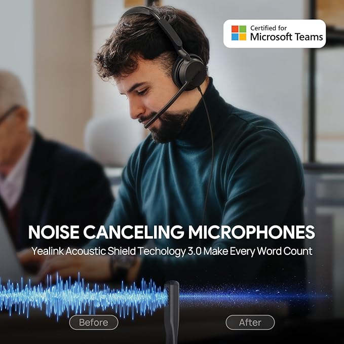 Yealink UH42 USB-A Headset with Microphone for PC Computer, Wired Headset Teams Certified, Noise Cancelling Mic, in Line Control, Mute Button, Cable Length 7.05FT, All Day Comfort