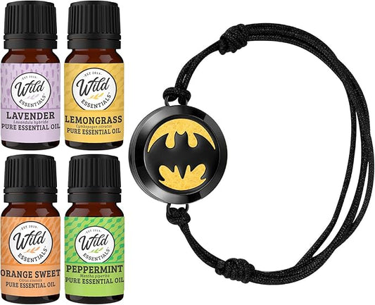 Wild Essentials Black Chrome Bat Essential Oil Diffuser Bracelet Gift Set with Aromatherapy Pendant, Adjustable Nylon Band, 12 Pads and 100% Pure Oils; Lavender, Lemongrass, Orange and Peppermint
