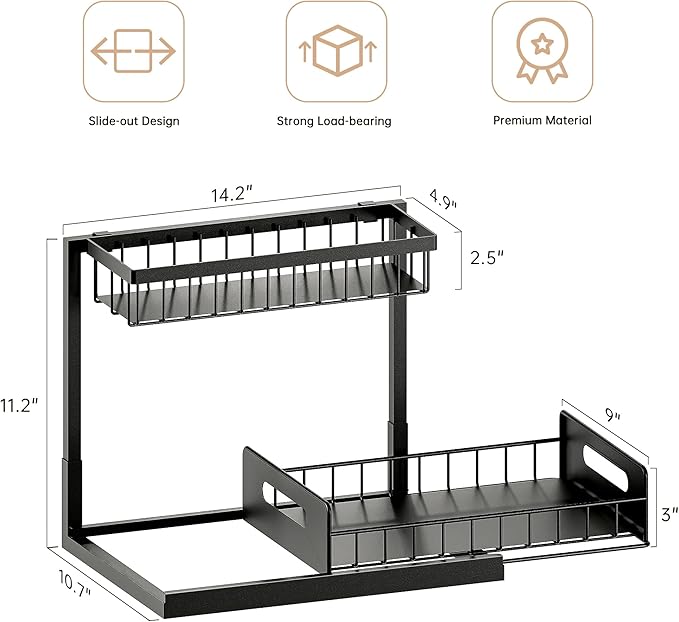 VUSIGN Under Kitchen Sink Organizer 2 Tier, Pull Out Under Sink Organizers and Storage, Bathroom Cabinet Kitchen Organization Storage Shelf, 1 Pack Black