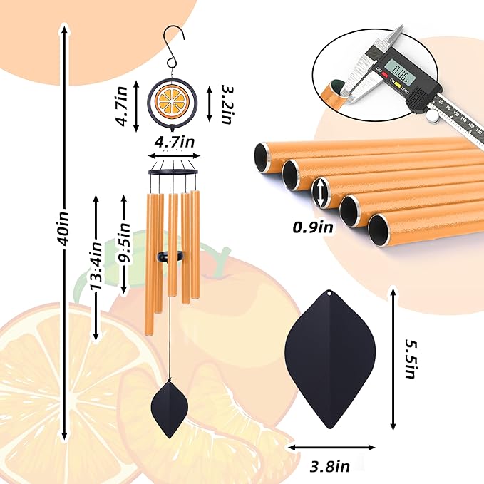 40inch Orange Wind Chimes for Outside,Large Glass Wind Chimes with 5 Heavy Tubes for Outdoor,Patio,Garden Hanging Decor,Mom Gifts for Women,Grandma,Orange