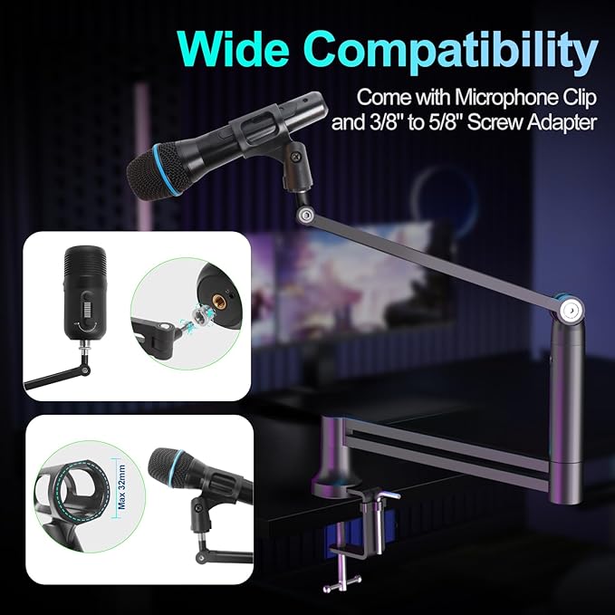 Boom Arm, Low Profile Microphone Stand for Blue Yeti, Mic Arm Microphone Arm with 3/8" to 5/8" Adapter Holds Up to 3.3lbs