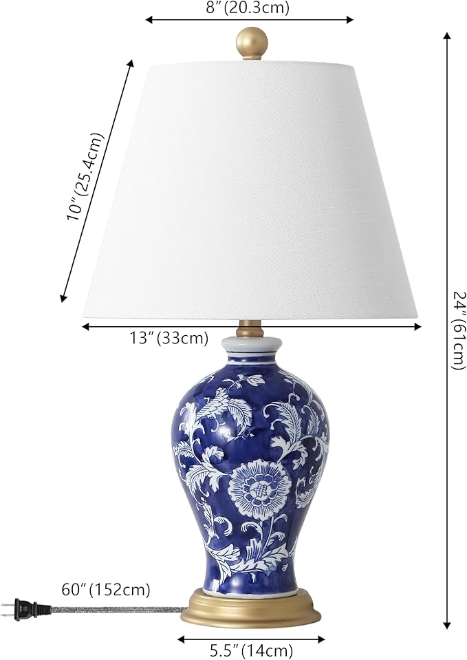 JONATHAN Y JYL3009E Grace 24" French Country Cottage Ceramic/Iron Floral Urn LED Table Lamp, Navy/White for Bedroom, Living Room, Office, College