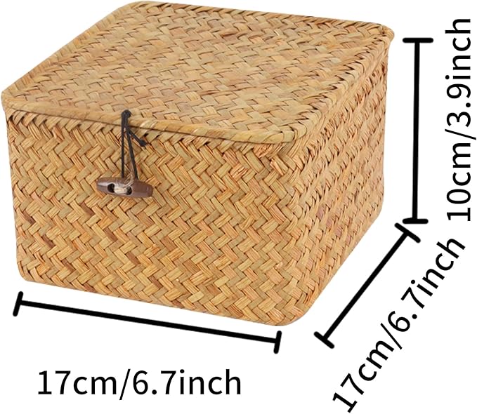 Wicker Shelf Baskets with Lid, Handwoven Seagrass Storage Basket Bins Square Gift Boxes for Shelves Home Decor Organizer (Natural, X-Small)