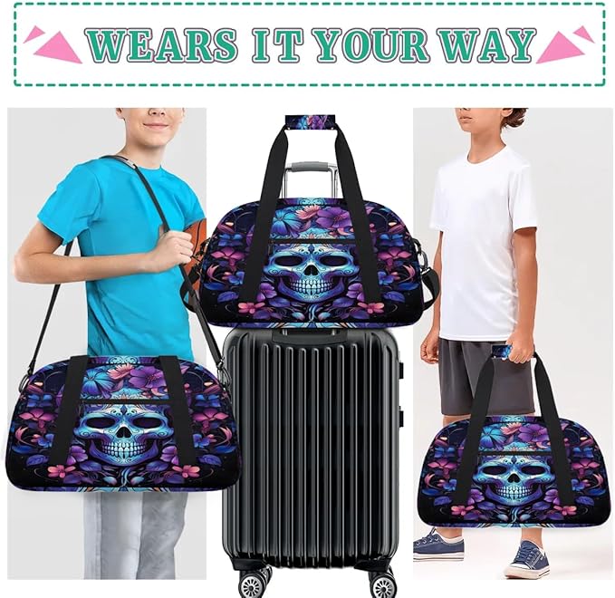 Sports Duffle Bags Travel Duffle Bag Gym Bag Skeleton Flower Skull Weekender Travel Bag Waterproof Overnight Bag Carry On Travel Tote Bag Dance Bags