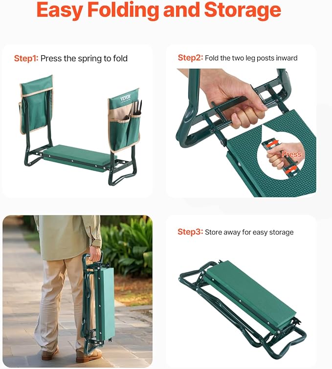 VEVOR Garden Kneeler and Seat Heavy Duty, Portable Garden Stool with 6'' EVA Kneeling Pad and 2 Tool Bags, Folding Garden Bench to Relieve Knee & Back Pain, Great Gifts for Seniors, Family Gardeners