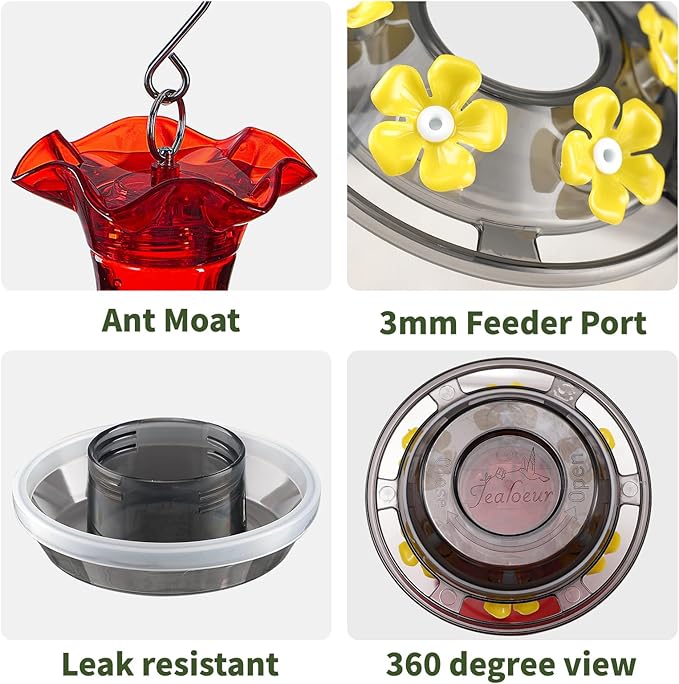 Hummingbird Feeder for Outdoors Hanging, 18 OZ Humming Birds Feeders with 6 Bee Guard Feeding Ports & Built-in Ant Moat, Easy to Clean, Durable Outdoor Garden Decor (Red 1 Pack-C)