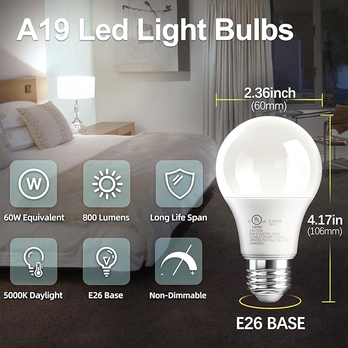 TJOY LED Light Bulbs Daylight 5000K, 60 Watt Equivalent LED Bulb, 9W Bright White Light Bulb, A19 E26 Standard Base, Non Dimmable, Energy Saving, 800LM, 120V, UL Listed, 15000 Hour Lifetime, 6 Pack