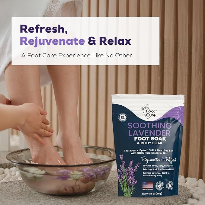 Tea Tree Oil & Soothing Lavender Foot Soak with Epsom Salt - Best Toenail Treatment & Softens Calluses - Soothes Sore & Tired Feet, Foot Odor Scent, Spa Pedicure - Made in USA - 16oz (Pack of 2)