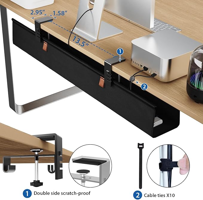 Zilink No Dril Under Desk Cable Management Tray 30" Standing Desk Cable Management Clamp/Screw Mount Under Table Cord Premium Fabric Wire Organizer Management for Home Office