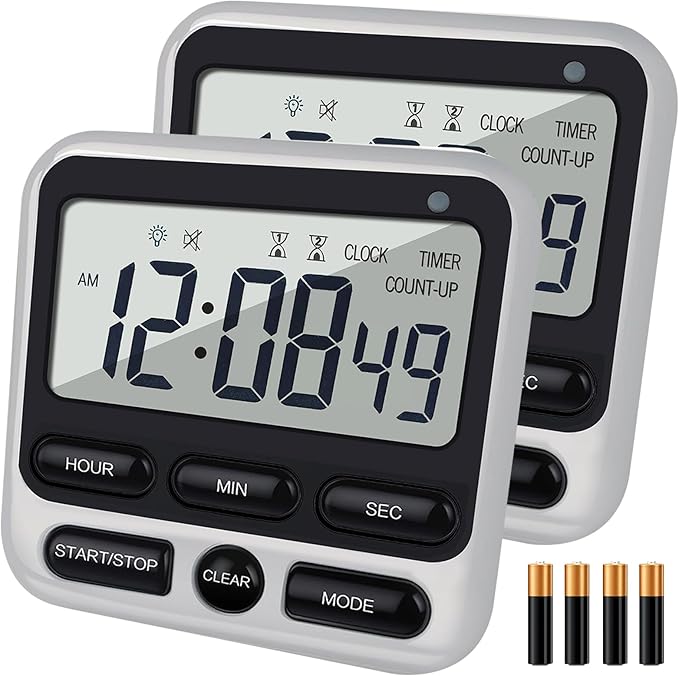 2-Pack Digital Dual Kitchen Timers with Magnet, 24-Hour Countdown & Stopwatch, Loud Alarm, 12/24H Clock, Calendar, Mute Mode, Visual Indicator, Batteries Included (Black)