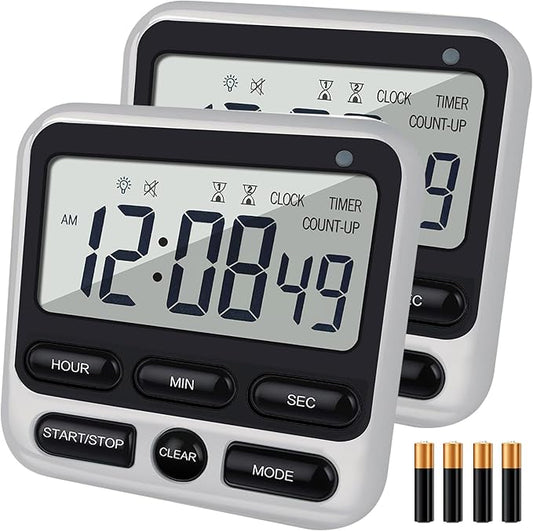 2-Pack Digital Dual Kitchen Timers with Magnet, 24-Hour Countdown & Stopwatch, Loud Alarm, 12/24H Clock, Calendar, Mute Mode, Visual Indicator, Batteries Included (Black)