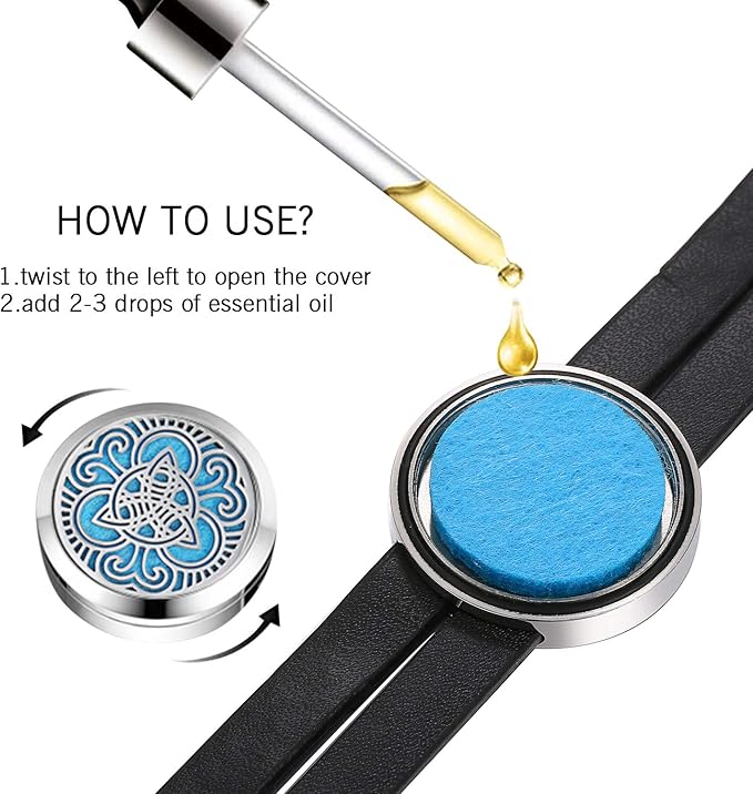 Essential Aromatherapy Oil Diffuser Locket Hollow Celtic Charm Leather Wrap Bracelet with 6 Color Pads,Size Adjustable,Black