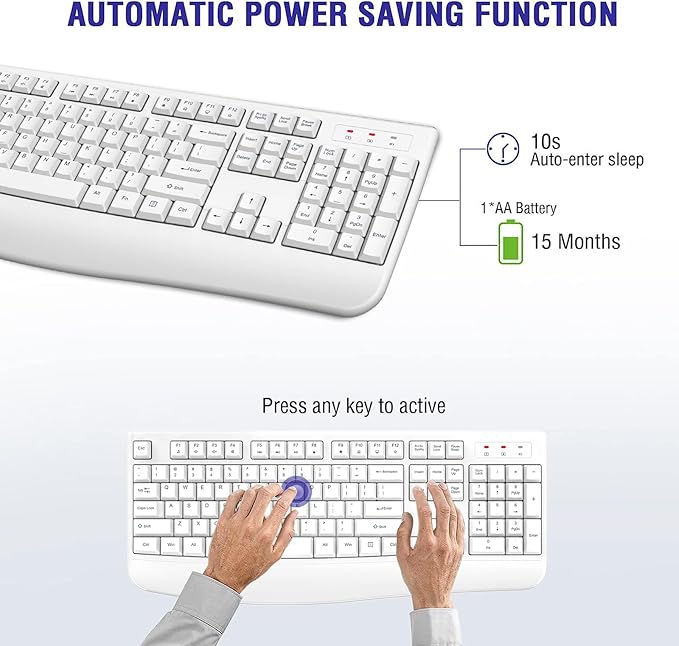 Wireless Keyboard, 2.4G Full-Sized Ergonomic Wireless Computer Keyboard with Wrist Rest for Windows, Mac OS Laptop/PC/Desktop/Notebook (White)