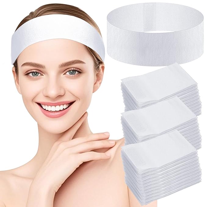40 Pcs Disposable Spa Facial Headbands, Stretch Headband Wrap with Adjustable Magic Tape, Esthetician Spa Headband Stretch Non-Woven Facial SkinCare for Women Sport Yoga Salon Shower
