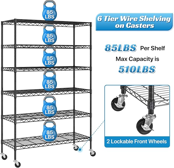 6-Tier Storage Shelves | 2100 LBS Capacity Garage Shelving | 48"×18"×82" Heavy Duty Metal Shelving Unit | Adjustable Wire Shelf on Wheels | Storage Rack for Garage Kitchen Pantry Basement, Black