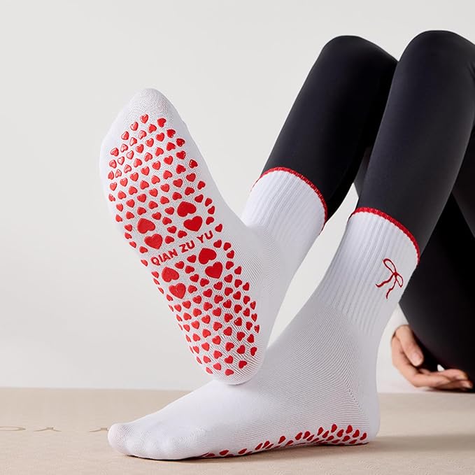 3 Pairs Cute Pilates Socks with Grips for Women Non Slip Yoga Socks Grippy Crew Socks Embroidery Pattern for Workout Ballet