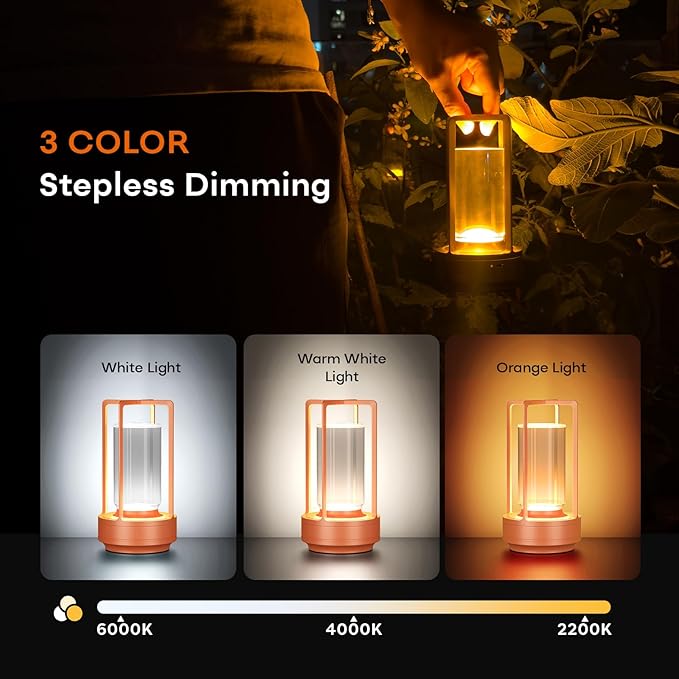 Portable Outdoor Table Lamp, Cordless Dimmable Touch Table Light, Rechargeable Battery Operated Small Lamp with 3 Colors and Brightness Control for Bedroom/Patio/Camping/Bar/Coffee Shop (Orange)