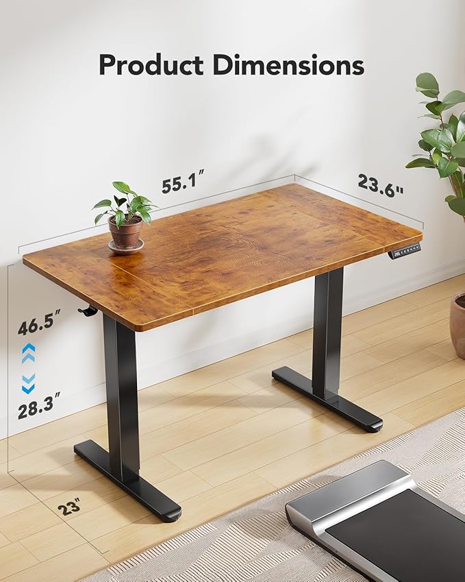 HUANUO 55 x 24 inch Electric Standing Desk, Height Adjustable Table with Headphone Hooks & Cable Manager, Sit to Stand up Desk for Home Office, Vintage Brown