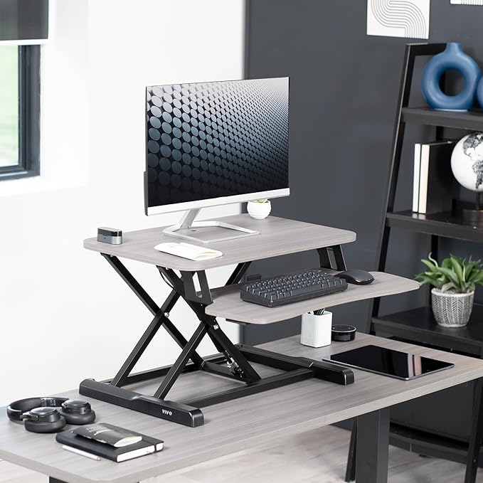 VIVO 26 inch Desk Converter, K Series, Height Adjustable Sit to Stand Riser, Dual Monitor and Laptop Workstation with Keyboard Tray, Gray Top, Black Frame, DESK-V026KG