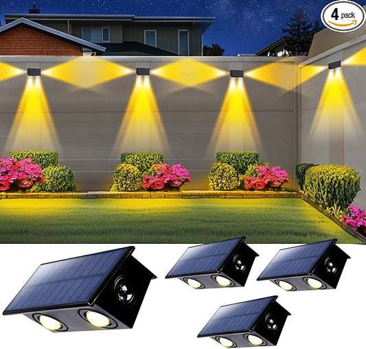 4 Pack 3-Side Solar Fence Lights Outdoor Waterproof with Warm White LED Spot Lens, for Wall, Deck, Patio, Yard, Rail, Garage, Pool, Designed for Enhanced Security, Easy Install