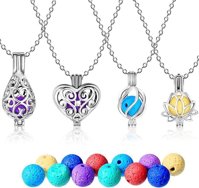 Blulu 4 Pcs Aromatherapy Essential Oil Diffuser Necklace for Women Christmas Locket Pendant Stainless Steel Necklace with 24 Pcs Refill Lava Stone Balls for Men Women Jewelry Accessory Birthday Gift
