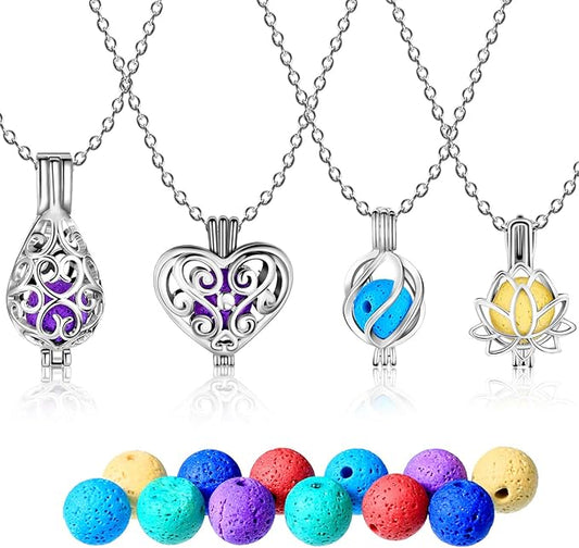 Blulu 4 Pcs Aromatherapy Essential Oil Diffuser Necklace for Women Christmas Locket Pendant Stainless Steel Necklace with 24 Pcs Refill Lava Stone Balls for Men Women Jewelry Accessory Birthday Gift