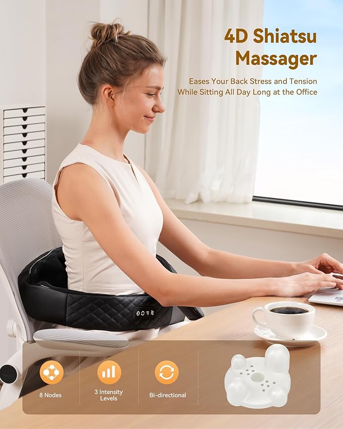 KNQZE Shiatsu Neck and Shoulder Massager with Heat, Electric Deep Kneading Massage for Back, Shoulder, Leg, Body Muscle Pain Relief, Gift for Women Men Mom Dad, NOT Cordless, (with Leather Handbag)