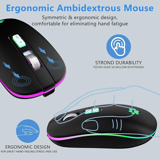 KARFUN Wireless Mouse, Backlit LED Portable Slim Computer Mouses for Laptop, PC, Computer, MacBook, iPad, Chromebook, Notebook, 2.4G Rechargeable Wireless Mouse (Black-Black Nose)